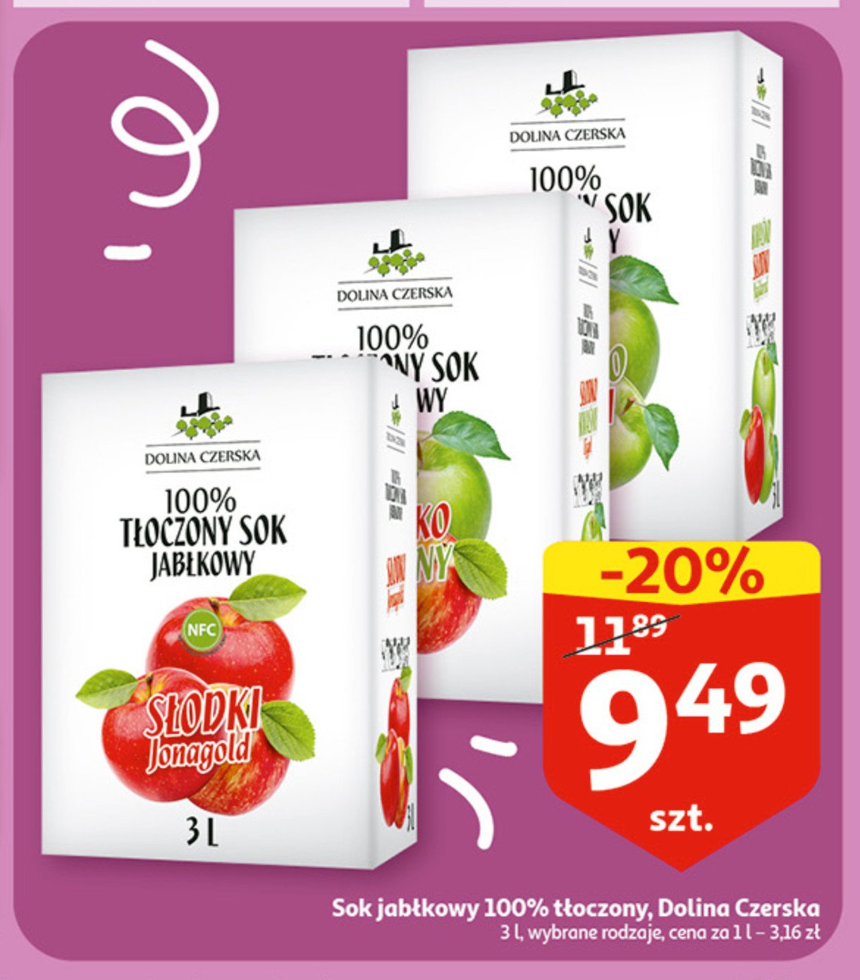 Sok jabłkowy 100% kwaśno-słodki najdared Dolina czerska promocja w Netto