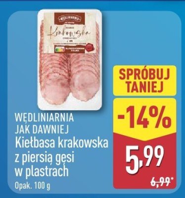 Kiełbasa krakowska z piersią gęsi w plastrach  promocja w Aldi