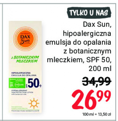 Hipoalergiczna emulsja do opalania z botanicznym mleczkiem spf 50+ Dax sun promocja
