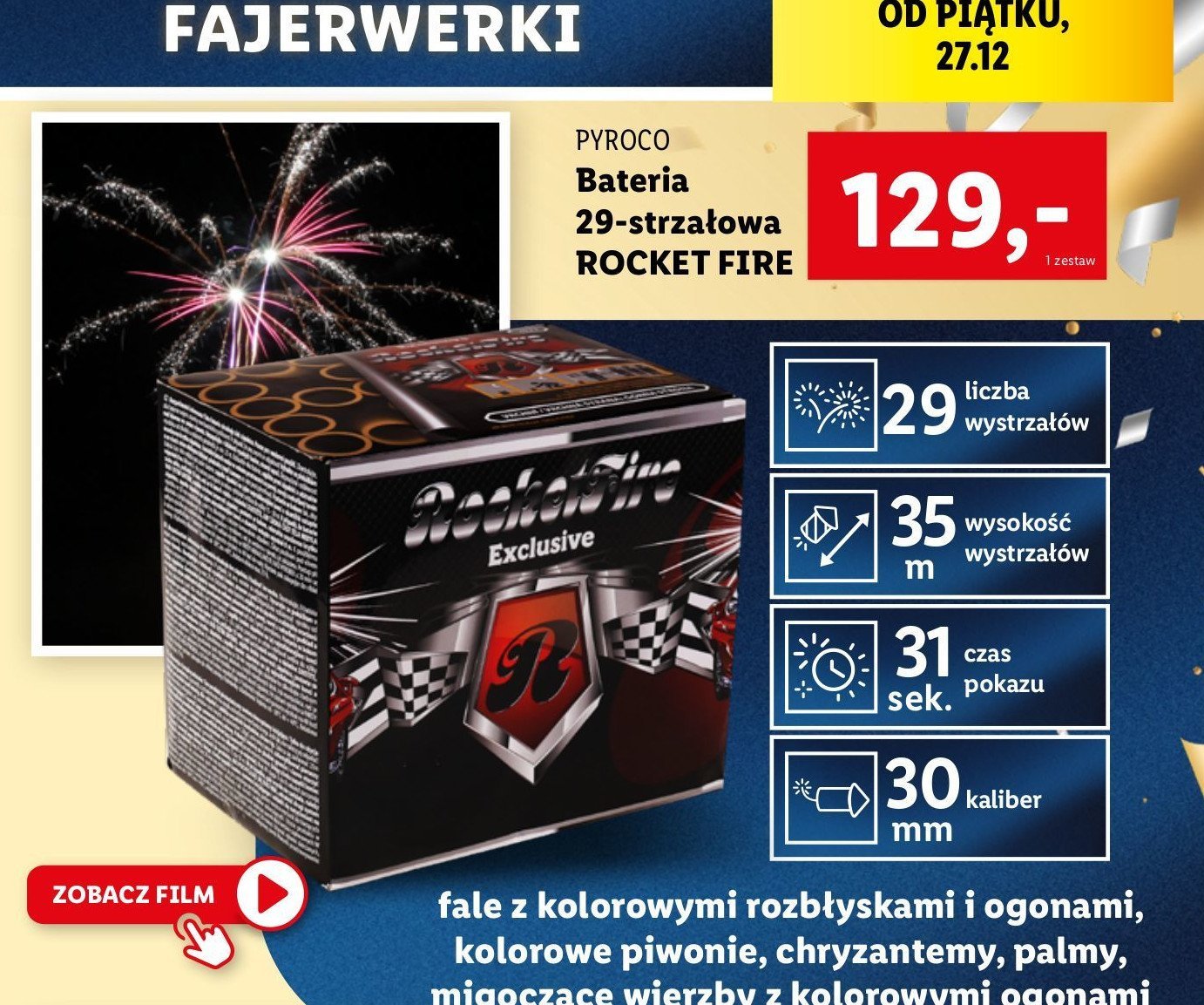 Bateria 29 strzałów rocket fire Pyroco promocja w Lidl