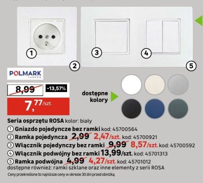 Seria osprzętu ROSA kolor: biały Wyłącznik podwójny bez ramki promocja w Leroy Merlin