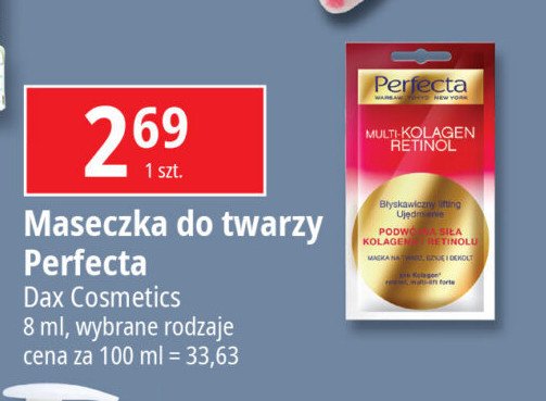 Maska na twarz szyję i dekolt podwójna siła kolagenu Perfecta multi kolagen retinol promocja w Leclerc