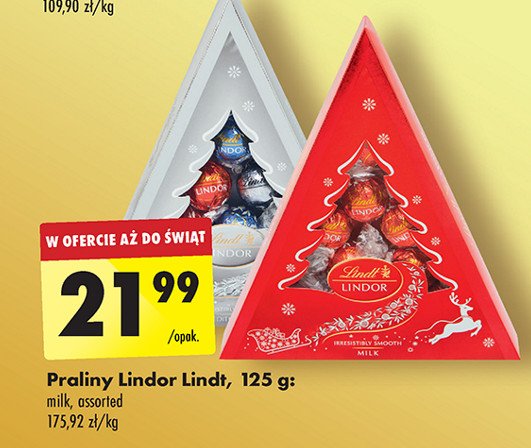 Bombonierka z czekoladkami z czekolady mlecznej, białej i gorzkiej z nadzieniem choinka Lindt lindor promocja w Biedronka