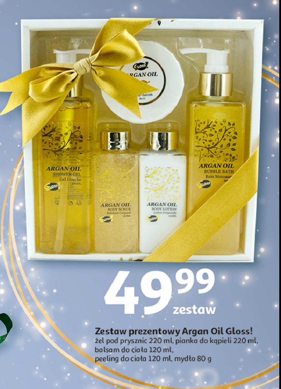 Zestaw w pudełku argan oil: żel pod prysznic 220ml + pianka do kąpieli 220ml + balsam do ciała 120ml + peeling do ciała 120ml + mydło 80g Gloss! promocja