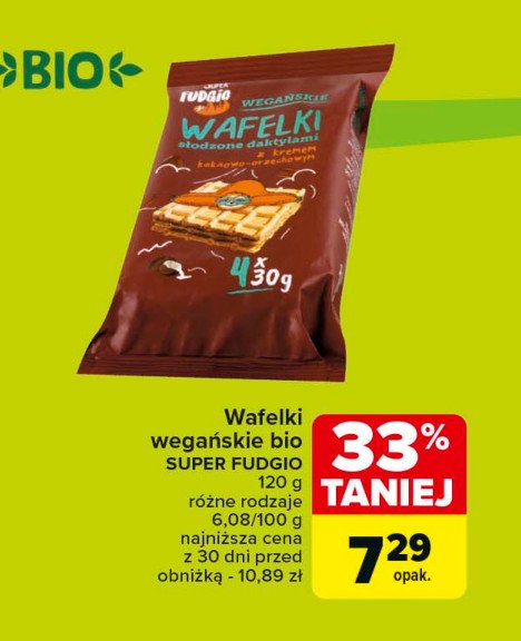 Wafelki wegańskie słodzone daktylami z kremem kakaowo-orzechowym Super fudgio promocja