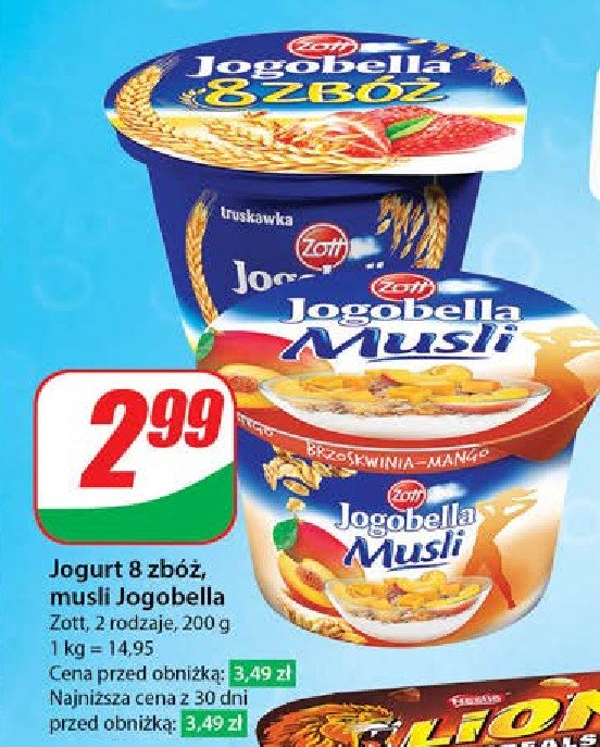 Jogurt brzoskwinia-mango Zott jogobella z musli promocja w Dino