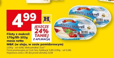 Filety z makreli 170g-85-102g masa netto M&K (w oleju, w sosie pomidorowym) (Maksymalnie 2szt.*) promocja w Hitpol