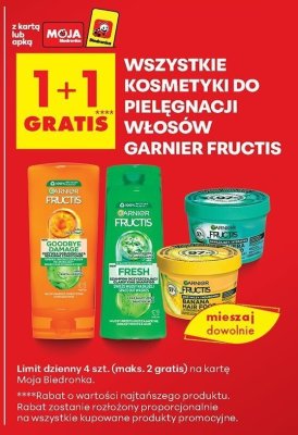 Kosmetyki do pielęgnacji włosów Fructis wszystkie rodzaje 1+1 GRATIS promocja w Biedronka