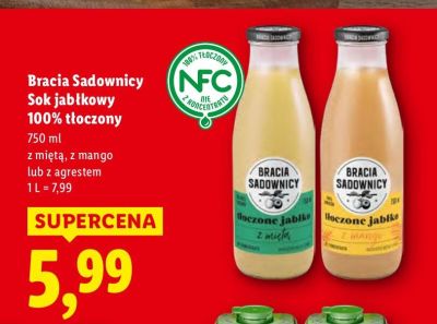 Sok jabłkowy 100% tłoczony Bracia Sadownicy z miętą, z mango lub z agrestem promocja w Lidl
