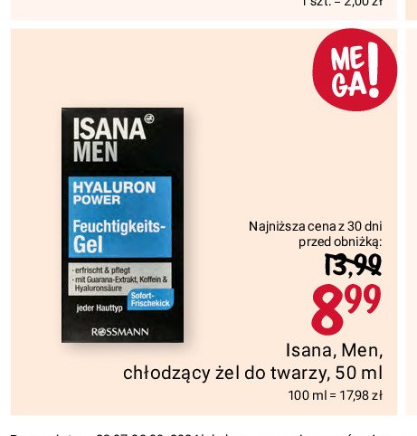 Żel nawilżający chłodzący hyaluron power ISANA MEN promocja