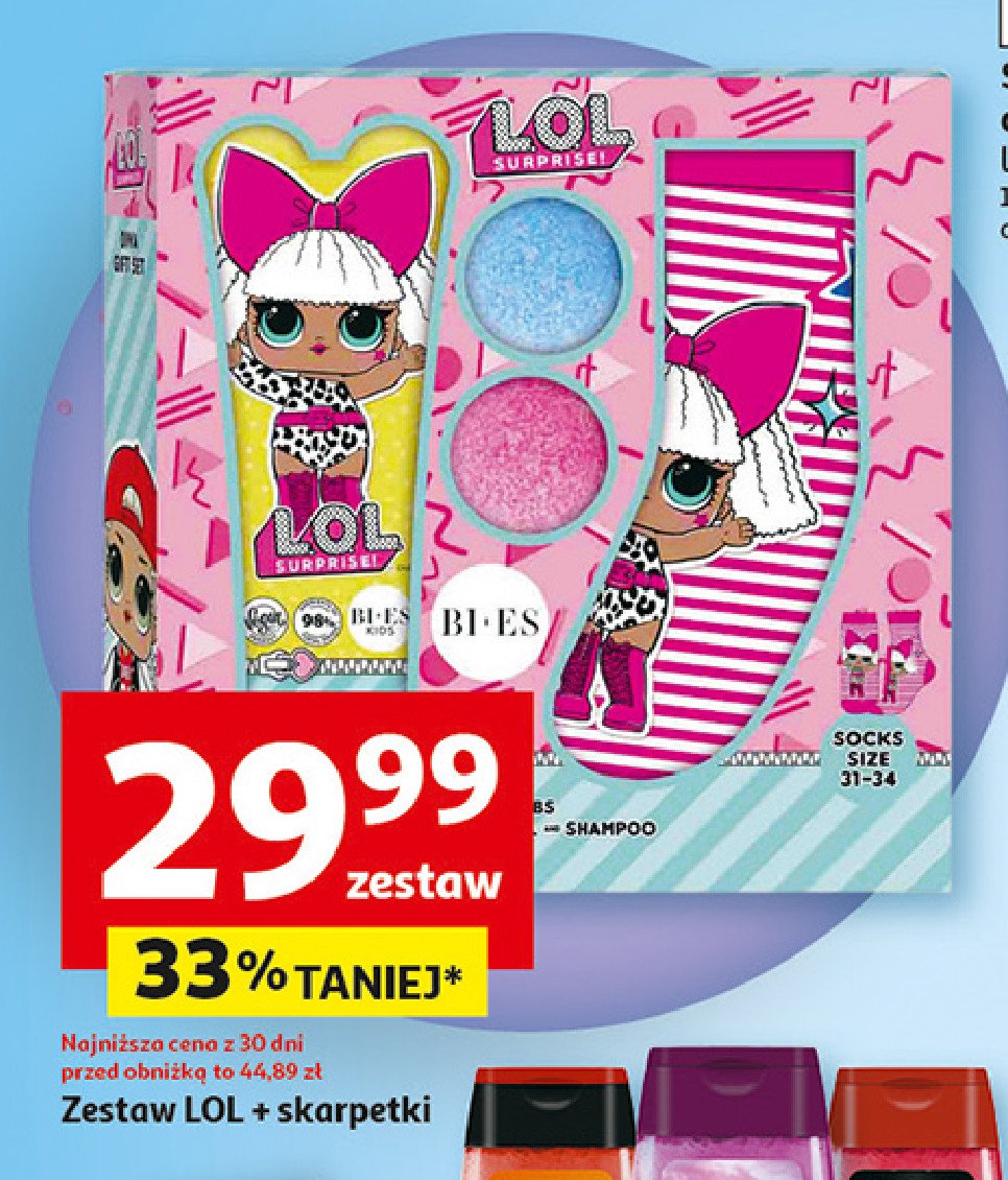 Zestaw w pudełku lol: żel pod prysznic 250 ml + 2 x kula do kąpieli 50 g + skarpety Bi-es zestawy promocja w Auchan