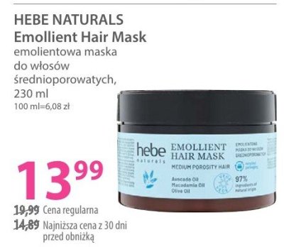 Maska do włosów HEBE NATURALS Emollient Hair Mask emolientowa maska do włosów średnioporowatych promocja w Hebe