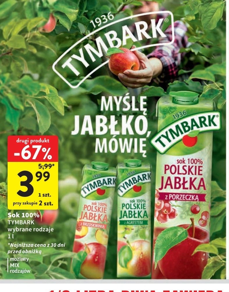 Sok 100% polskie jabłka z brzoskwinią Tymbark 1936 promocja w Intermarche