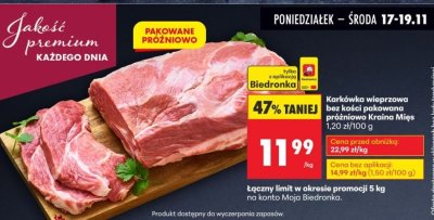 Karkówka wieprzowa bez kości pakowana próżniowo Kraina Mięs promocja w Biedronka