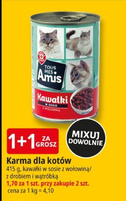 Karma dla kotów Tous nos Amis, 415 g, kawałki w sosie z wołowiną/z drobiem i wątróbką promocja w Leclerc