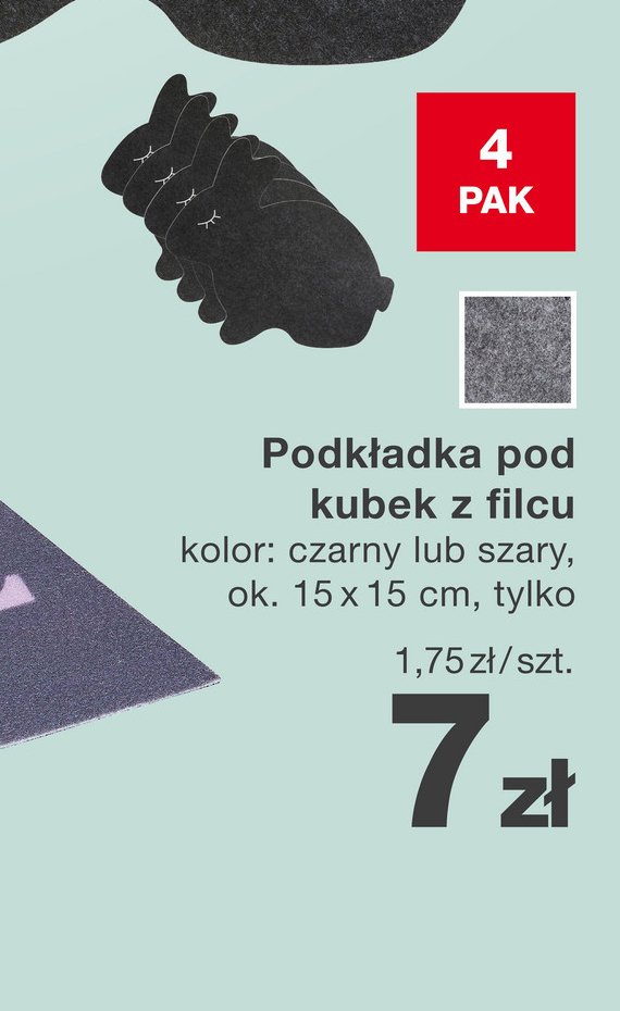 Podkładka pod kubek z filcu 15 x 15 cm czarny promocja w KiK