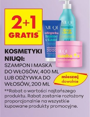 Kosmetyki Niuqi: szampon i maska nawilżający, 400 ml lub odżywka do włosów, 200 ml promocja w Biedronka