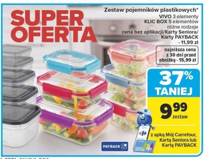 Zestaw pojemników plastikowych VIVO 3 elementy, KLIC BOX 5 elementów różne rodzaje Carrefour promocja