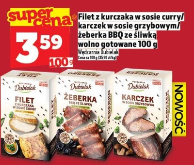 Filet z kurczaka w sosie curry/karczek w sosie grzybowym/żeberka BBQ ze śliwką wolno gotowane 100 g promocja w TOPAZ