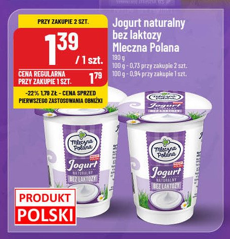 Jogurt naturalny bez laktozy Mleczna polana promocja w POLOmarket