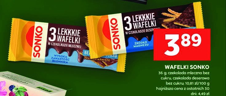 Wafelki pełnoziarniste w czekoladzie deserowej Sonko lekkkie wafelki promocja