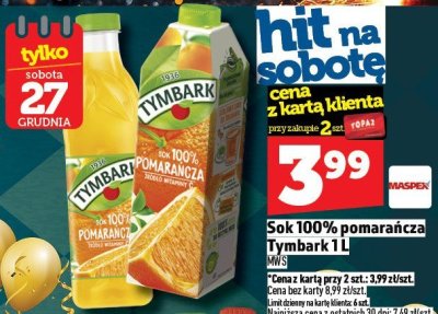 Sok 100% pomarańcza Tymbark 1L promocja w TOPAZ