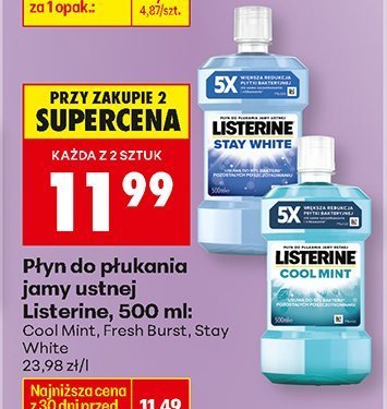 Płyn do płukania jamy ustnej Listerine, 500 ml: Cool Mint, Fresh Burst, Stay White promocja w Biedronka