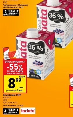 Śmietanka UHT ŁACIATA 36% 0,5 l, 17,98 zł / 1 l promocja w Intermarche