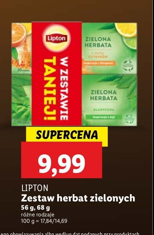 Zestaw herbat green: herbata klasyczna 20x + z nut膮 cytrus贸w 20x Lipton promocja
