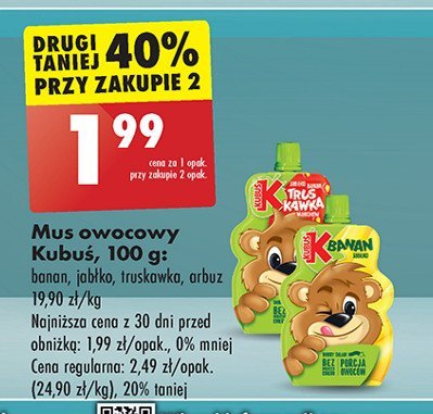 Mus truskawka Kubuś mus 100% promocja