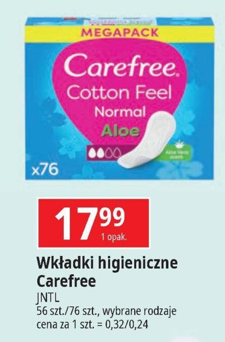 Wkładki cotton feel normal aloe Carefree promocja w Leclerc