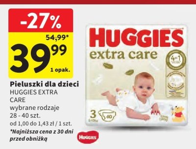 Pieluszki dla dzieci HUGGIES EXTRA CARE wybrane rodzaje promocja w Intermarche