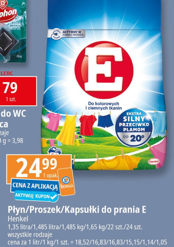 Kapsułki do prania do kolorowych i ciemnych tkanin E 3+1 power caps promocja w Leclerc