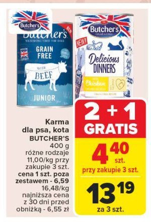 Karma dla psa junior z wołowiną w galaretce Butcher's grain free promocja w Carrefour