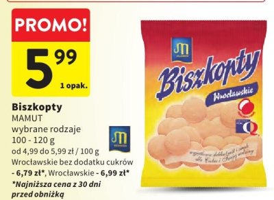 Biszkopty MAMUT wybrane rodzaje, 100 - 120 g, od 4,99 do 5,99 zł / 100 g promocja w Intermarche