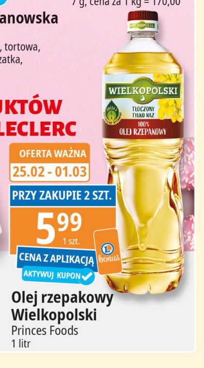 Olej rzepakowy Wielkopolski palmar promocja w Leclerc