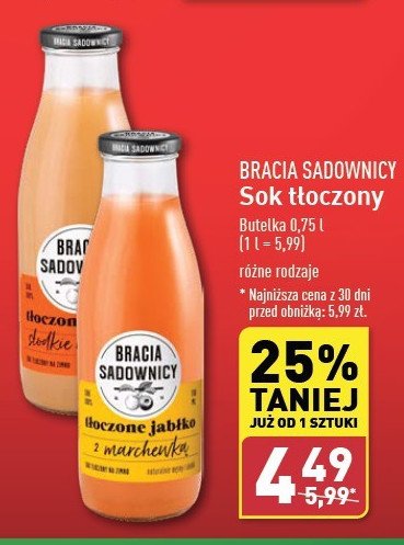 Sok tłoczony jabłkowy słodkie odmiany Bracia sadownicy promocja w Aldi