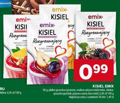 Kisiel Emix Rozgrzewający jabłko-gruszka-cynamon, malina-cytryna-miód-imbir, śliwka-gruszka-goździk, jeżyna-czarny bez-imbir promocja w Stokrotka