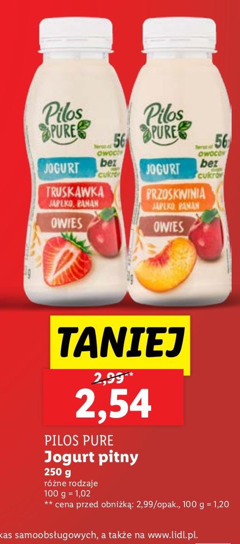 Jogurt brzoskwinia-banan-owies Pilos pure promocja w Lidl