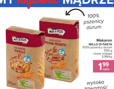 Makaron pełnoziarnisty penne rigate Millo di pasta promocja