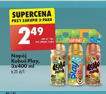 Napój lemoniada jabłko cytryna limonka + napój woda & owoce brzoskwiniowy + lemoniada jabłko cytryna arbuz Kubuś play! promocja