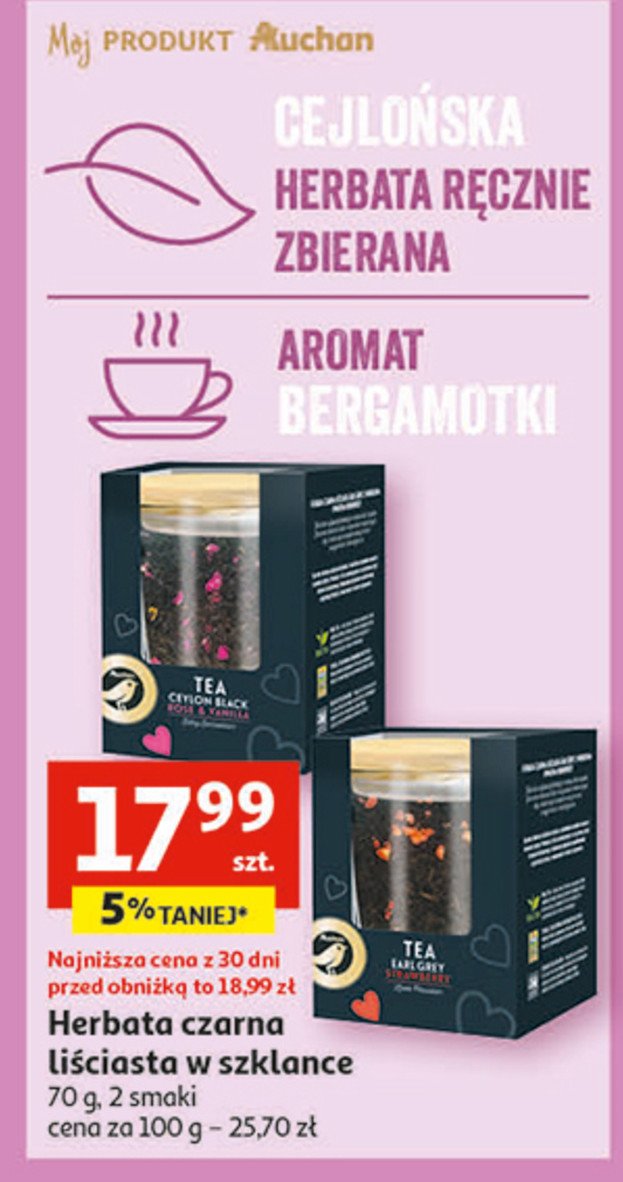 Herbata z platkami róż + szklanka Auchan promocja