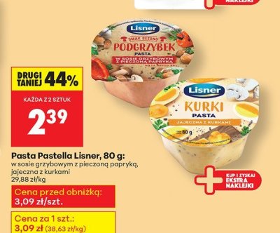 Pasta Pastella Lisner, 80 g: w sosie grzybowym z pieczonym papryką, jajeczna z majonezem promocja w Biedronka