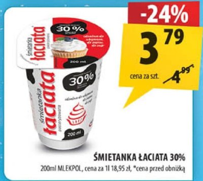 Śmietanka Łaciate 30% Mlekok promocja w Arhelan