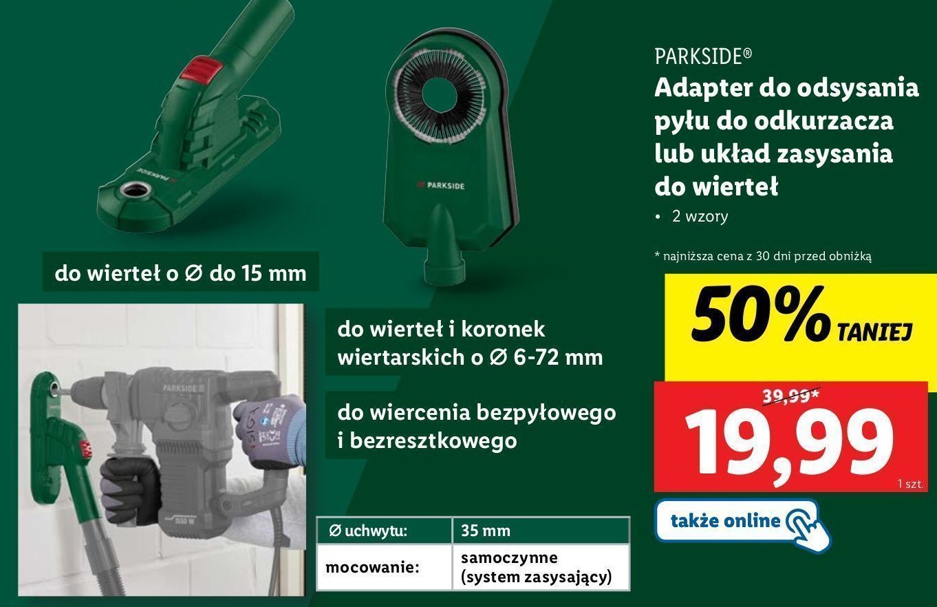 Adapter do odsysania pyłu do odkurzacza do pracy na mokro i sucho Parkside promocja