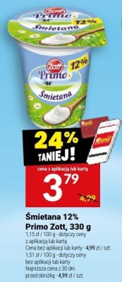 Śmietana 12% Primo Zott, 330 g promocja w Twój Market