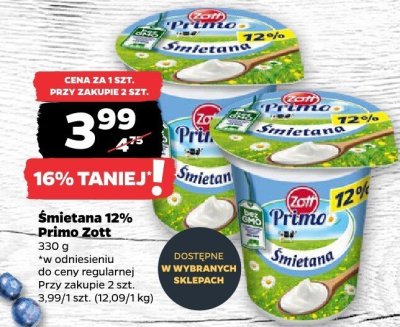 Śmietana 12% Primo Zott promocja w Netto