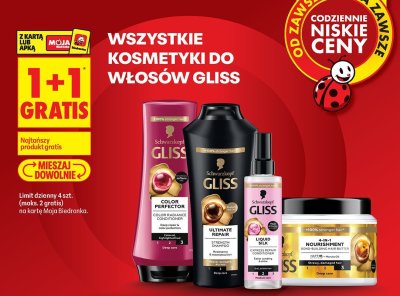Wszystkie kosmetyki do włosów Gliss 1+1 GRATIS promocja w Biedronka