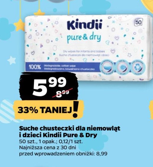 Chusteczki suche dla niemowląt i dzieci Cleanic kindii promocja w Netto