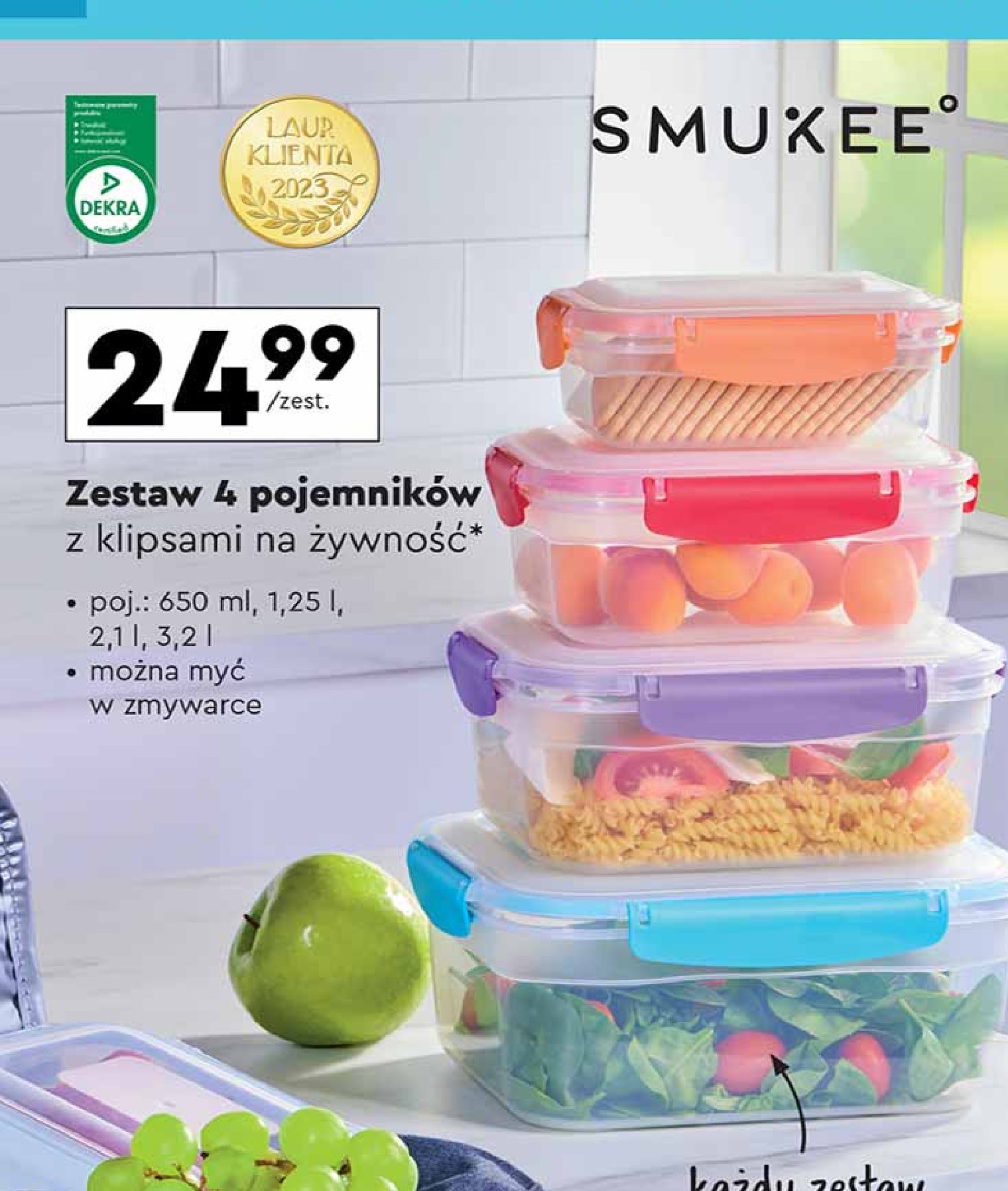 Komplet pojemników z klipsami 650 ml + 1.25 l + 2.1 l + 3.2 l Smukee promocja